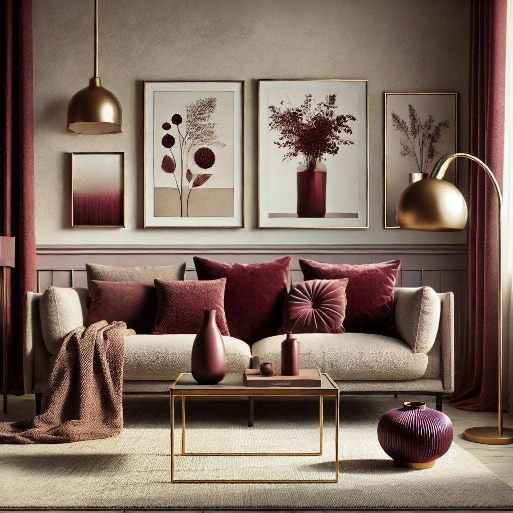 Ein inspirierendes Interiordesign-Konzept, das die elegante Farbe Burgundy in Kombination mit stilvollen Möbeln und passenden Accessoires präsentiert. Die tiefrote, fast purpurne Farbe bringt eine luxuriöse und warme Atmosphäre in den Raum. Durch die geschickte Auswahl von Möbelstücken und dekorativen Elementen wird das burgunderrote Farbschema harmonisch in Szene gesetzt, ohne den Raum zu überladen. Die Accessoires wie Kissen, Teppiche und Vasen setzen gezielte Akzente und verstärken die gemütliche und elegante Ausstrahlung des Raumes. Ein perfektes Design, um jedem Raum eine edle Note zu verleihen.