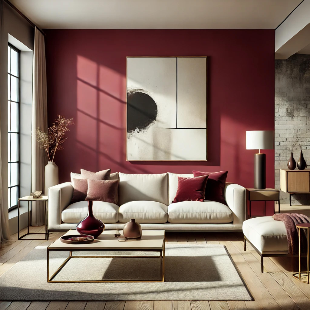 Ein inspirierendes Interiordesign-Konzept, das die elegante Farbe Burgundy in Kombination mit stilvollen Möbeln und passenden Accessoires präsentiert. Die tiefrote, fast purpurne Farbe bringt eine luxuriöse und warme Atmosphäre in den Raum. Durch die geschickte Auswahl von Möbelstücken und dekorativen Elementen wird das burgunderrote Farbschema harmonisch in Szene gesetzt, ohne den Raum zu überladen. Die Accessoires wie Kissen, Teppiche und Vasen setzen gezielte Akzente und verstärken die gemütliche und elegante Ausstrahlung des Raumes. Ein perfektes Design, um jedem Raum eine edle Note zu verleihen.