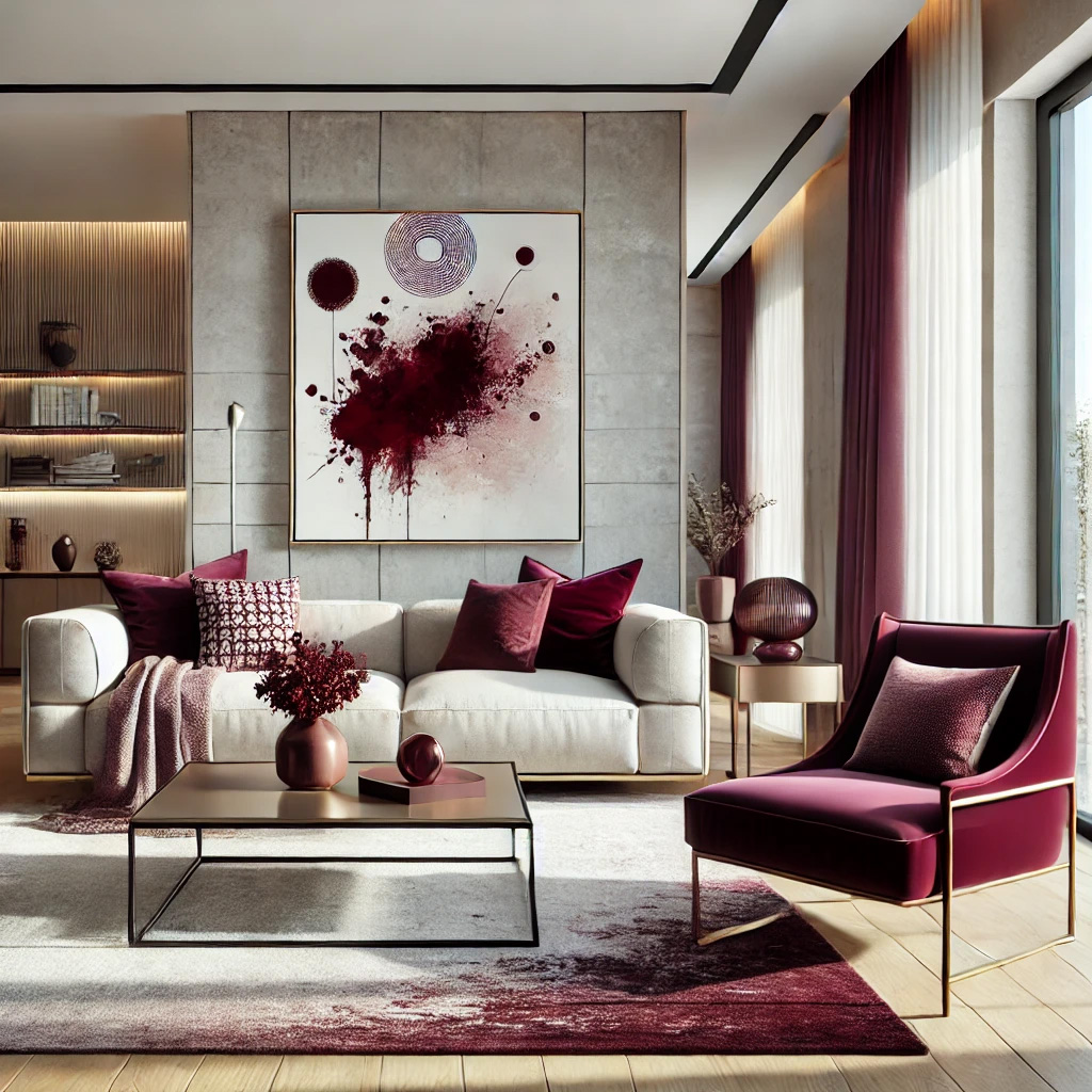 Ein inspirierendes Interiordesign-Konzept, das die elegante Farbe Burgundy in Kombination mit stilvollen Möbeln und passenden Accessoires präsentiert. Die tiefrote, fast purpurne Farbe bringt eine luxuriöse und warme Atmosphäre in den Raum. Durch die geschickte Auswahl von Möbelstücken und dekorativen Elementen wird das burgunderrote Farbschema harmonisch in Szene gesetzt, ohne den Raum zu überladen. Die Accessoires wie Kissen, Teppiche und Vasen setzen gezielte Akzente und verstärken die gemütliche und elegante Ausstrahlung des Raumes. Ein perfektes Design, um jedem Raum eine edle Note zu verleihen.