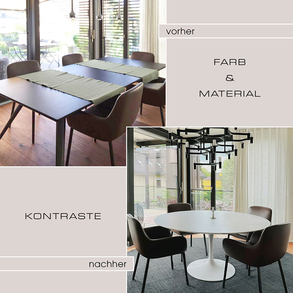 Ein gelungenes Interior Design lebt von Kontrasten. Durch das gezielte Zusammenspiel verschiedener Farben und Materialien entsteht eine faszinierende Dynamik, die Räume lebendig und ausdrucksstark wirken lässt.